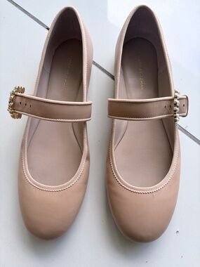 Stuart Weitzman Nude Blush Mary Jane Flats with Gold Buckles
